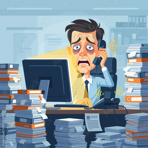 Overwhelmed Office Worker on Phone Call.