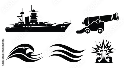 A striking black silhouette depicts a historic battleship with a cannon waves and an explosion silhouette high quality