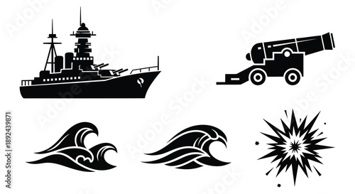 A striking black and white composition featuring a battleship cannon waves and an explosion silhouette high quality professional