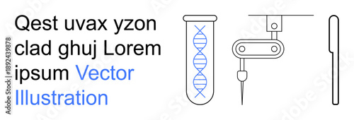 Biotechnology, science research, medical innovation, genetic testing, laboratory tools, academic studies. Test tube with DNA helix and robotic lab pipette. Biotechnology and genetic testing concept