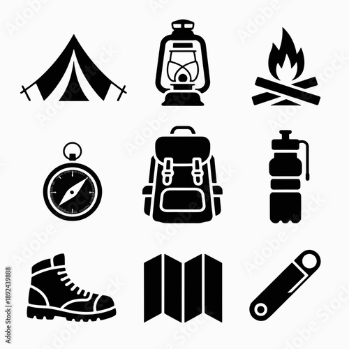 Camping Icons: A collection of simple, black camping icons perfectly encapsulating the essence of adventure and exploration, ideal for use in outdoor-themed design.