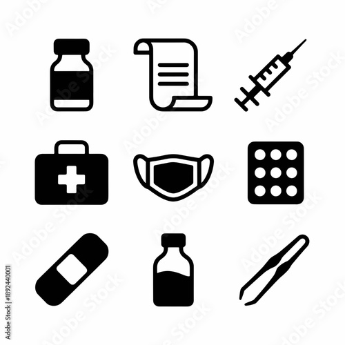 Health Icons Set: A carefully curated set of essential health and medical icons representing various aspects of healthcare, from medicine and documents to protective gear. 