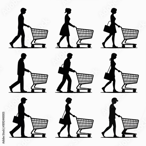 Silhouettes in the Store: A collection of silhouetted figures navigates the shopping experience, each accompanied by a shopping cart, capturing the essence of retail activity and consumerism.