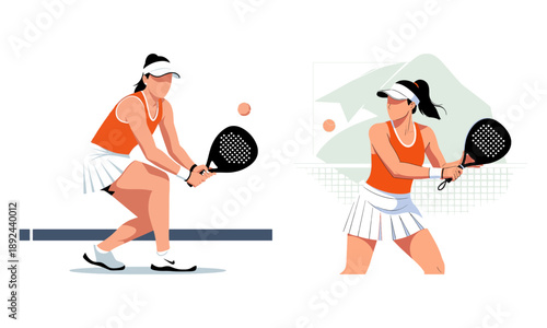 Dynamic female padel player vector illustration set - ready stance & hitting action