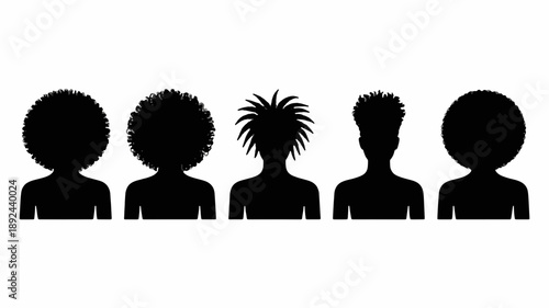Silhouettes of Diverse Hairstyles: A monochrome depiction of five distinct silhouettes, showcasing the beautiful diversity in hairstyles, from voluminous afros to stylish cuts.