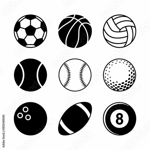 Sports balls assortment: a set of sports balls, from soccer ball to billiards ball, arranged in a simple black and white design