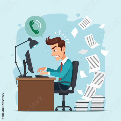 Man Overwhelmed at Desk with Papers.