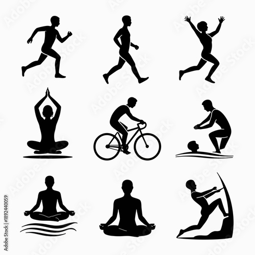 Dynamic Fitness Collection: A vibrant compilation of fitness icons showcases diverse physical activities, each silhouette embodying strength, health, and an active lifestyle.