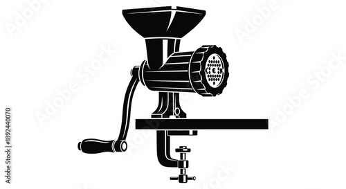 A detailed black and white illustration of a vintage manual meat grinder securely clamped to a table silhouette