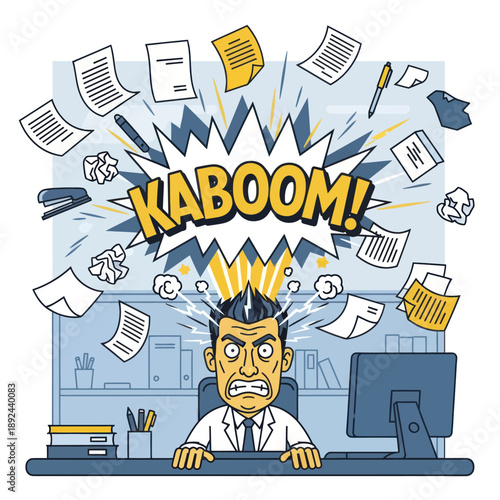 Overwhelmed office worker with explosion of papers.