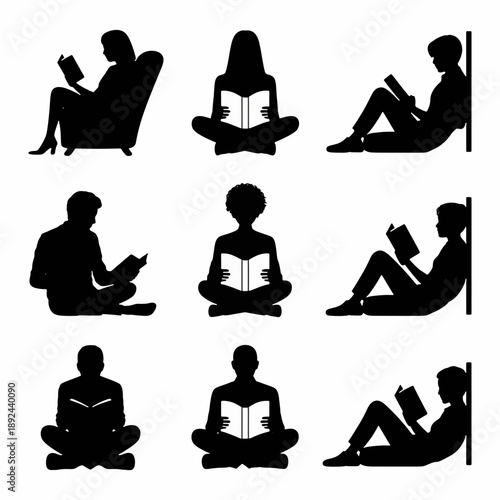 Solitary Reading: Silhouettes of individuals engrossed in the tranquil act of reading, offering a diverse array of poses and postures.