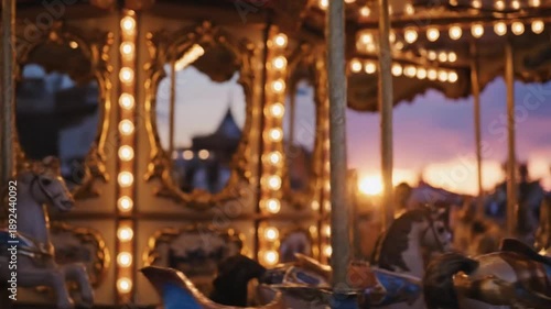A blurry colorful merry-go-round with horse and other animal figures illuminated with warm lights against a backdrop of a sunset sky