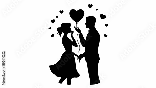 Eternal Affection Silhouette: A romantic silhouette captures a tender moment, a couple gazes at each other holding a heart-shaped balloon, framed by floating hearts.