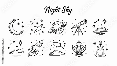 Night Sky Elements: An assortment of whimsical line art illustrations captures the wonder of the night sky, featuring celestial bodies, constellation, and space-themed elements.