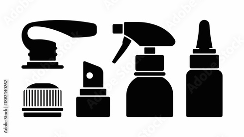 Bottles Silhouette Array: A minimalist illustration of five distinct bottle designs, including sprayers, and dispensers, each meticulously crafted in stark black silhouette against a blank canvas.