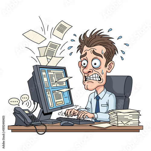 Stressed Man Overwhelmed with Work at Desk.