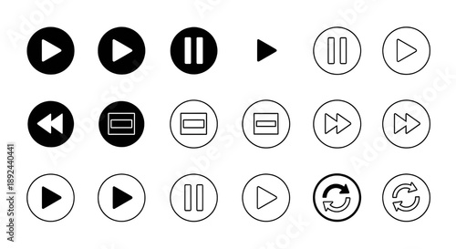 Modern playback control icons collection, play pause stop rewind fast-forward repeat symbols, filled and outline circle buttons, monochrome black and white color scheme, minimal flat design, 