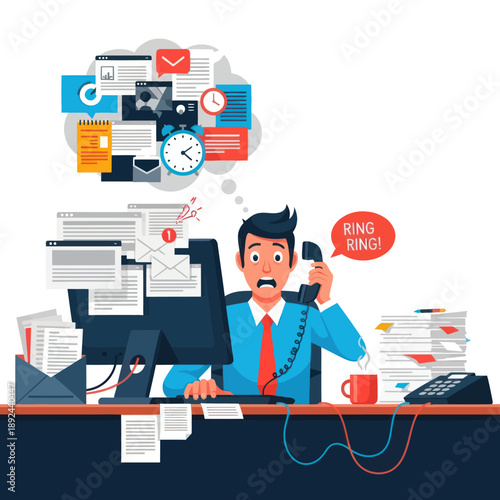 Overwhelmed Office Worker on Phone Call.