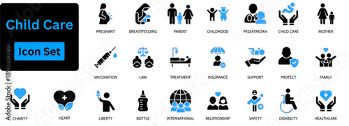 Child Care icon set. Family Care icon set Contains parents, mother, father, children, baby, grandparents and household icons. Solid vector icon set. 