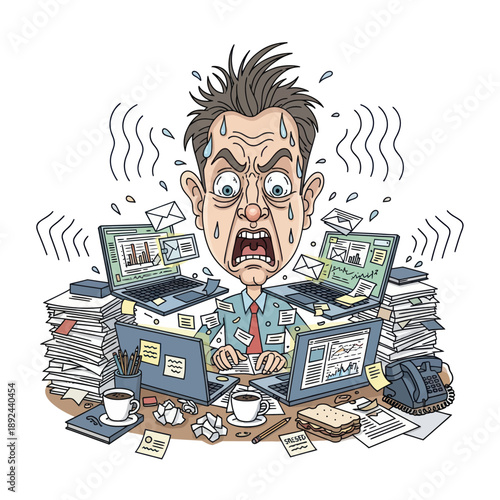 Stressed Man Overwhelmed by Workload.