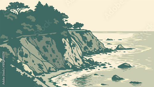 A serene boat floats on the summer ocean near a rocky island coast as the golden sunset glows across the water and horizon