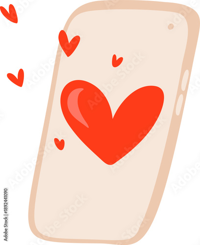 Mobile vector phone displaying a large red heart icon, symbolizing valentine online love connection, affection, and digital romance
