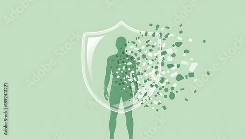 Human silhouette protected by dissolving shield illustration representing weakening immune system and body defense concept