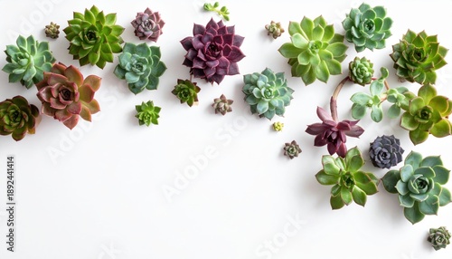 A vibrant collection of various succulents arranged on a white background, highlighting their unique colors and textures.
