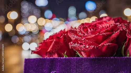 A close-up of red roses in a purple velvet box against a blurred cityscape background with colorful lights