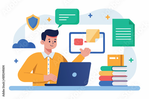 A teacher learning secure file sharing methods for educational documents and sensitive data, vector illustration.