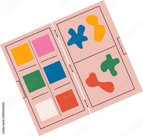 Watercolor paint box illustration with colorful pans and mixing palette, artist tools for creativity.