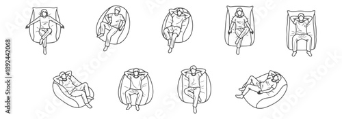 Architectural Vector Top View: People Relaxing and Lounging on Bean Bags for Breakroom and Casual Interior Layouts