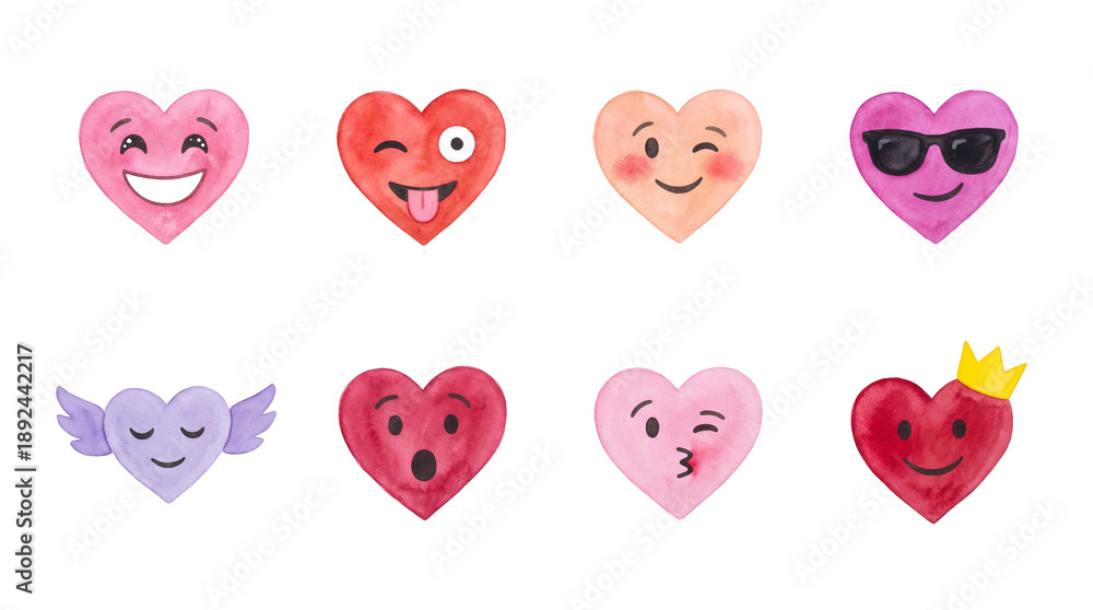 Fototapeta premium Watercolor heart emoji set including happy, winking, cool, sleeping, surprised, kissing, and royal expressions isolated. Valentines day and emotion collection.