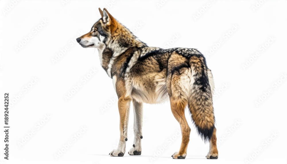 Fototapeta premium Stunning image of a wolf standing on a white background, highlighting its natural beauty and wild elegance.