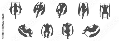 Architectural Vector Top View Silhouette: People Relaxing and Lounging on Bean Bags for Casual Interior Layouts