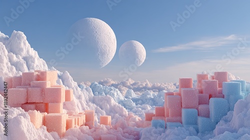 Snow ice mountains with pink cyan cube platform foreground.