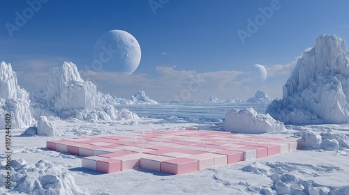 Surreal landscape with floating geometric shapes and two moons.