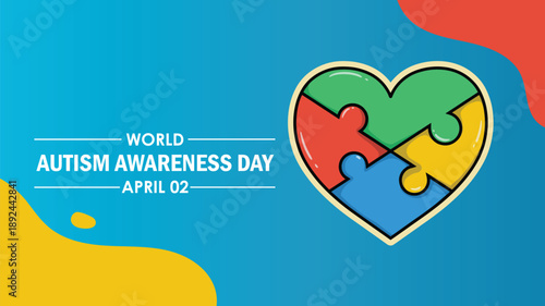World Autism Awareness Day banner with a heart-shaped puzzle, symbolizing understanding and support for autism, set against a vibrant blue background.