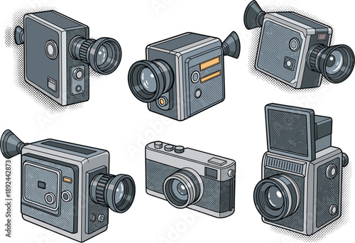 Pop art halftone camera vector set with vintage video and photo equipment