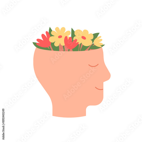 Human head in profile with colorful flowers growing in it, representing mental well-being and positive thinking. Psychological metaphor for happiness and growth. Vector illustration