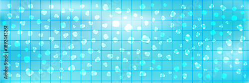 Swimming pool floor with blue mosaic tile pattern and water drops, clean ceramic surface ideal for modern bathroom or interior design projects. Vector illustration.