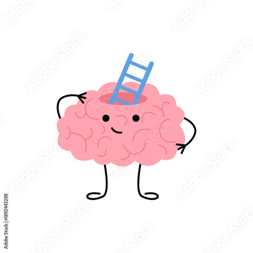 Happy cartoon brain character with a growing bar graph in its head. Concept of mental growth, learning, intelligence, education, and business development. Vector illustration