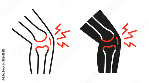 Knee joint pain with red lightning indicating discomfort line and black icon. Medical diagram for health issues, orthopedics, or physical therapy. Vector illustration