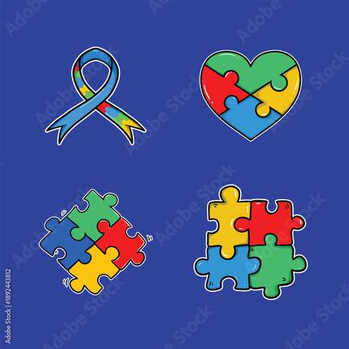 Four colorful puzzle piece illustrations symbolizing autism awareness and support on a blue background.