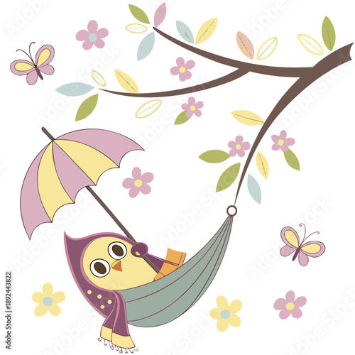 Vector illustration of a Playful Owl with in a hammock, styled in a Spring theme using Blooming Renewal colors