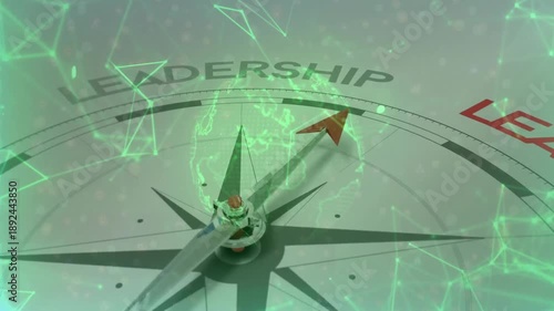 Globe materializing behind compass rose, arrow rotating toward red LEADERSHIP label, guiding focus