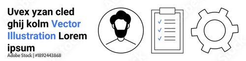 User profile outline, checklist with check marks, gear for settings or processes. Ideal for teamwork, productivity, business management, task planning, personal profiles, app interfaces simple