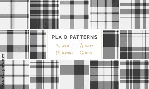 This elegant monochrome plaid pattern features a minimalist design with classic intersecting lines. Ideal for fashion textiles, digital backgrounds, and sophisticated branding projects.