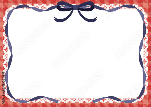 赤いギンガムチェックとレースの飾り枠 ネイビーのリボンがおしゃれなガーリーなメッセージカード背景