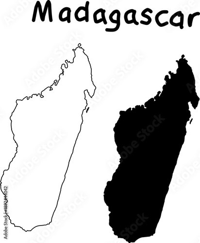 Black and white vector illustration of Madagascar map with outline and solid silhouette, minimalist geographic design for education, infographics, and travel use.